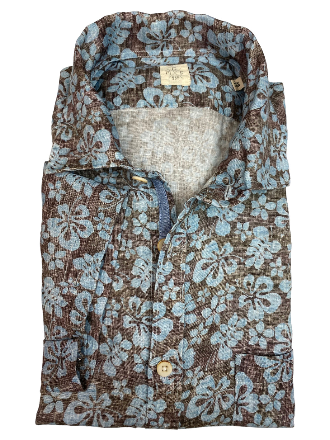 GMF 965 Short Sleeve Linen/Cotton Shirt Brown W/Blue Floral