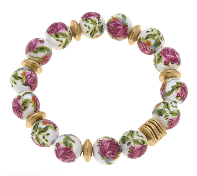 Canvas Style Stretch Bracelet Taley Porcelain Rose in Worn Gold