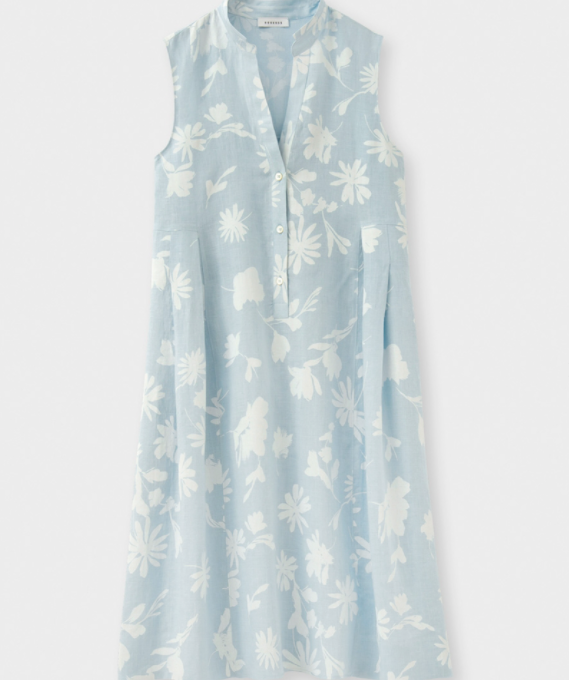 Rosso35 Sleeveless Linen Dress w/Pleats Aqua Blue